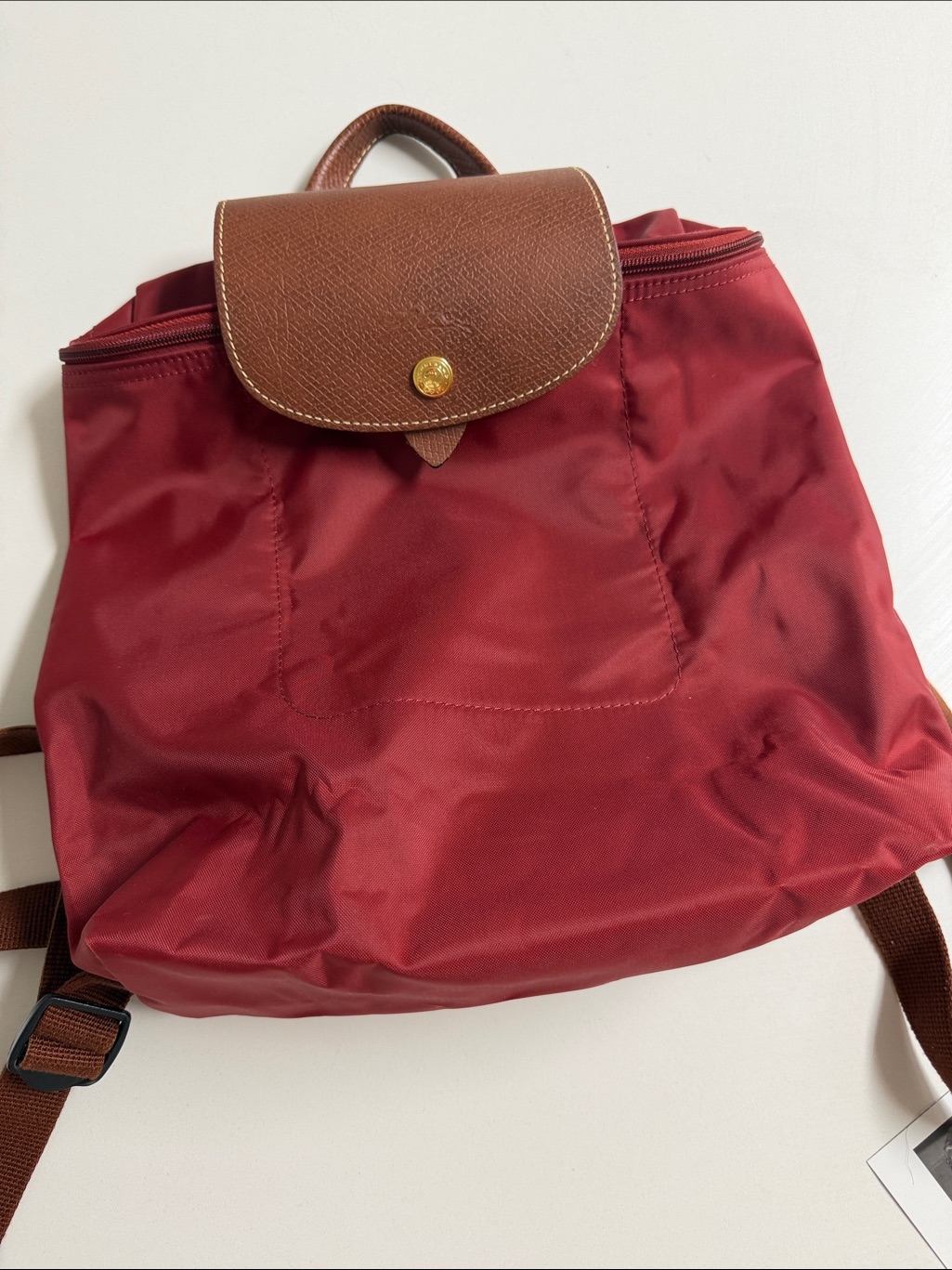 Longchamp Red Nylon Backpack With Brown Leather Flap